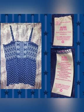 No Boundaries Navy/Wht Floral/Geometric Print Smocked Embroidered Cami Top Sz XL